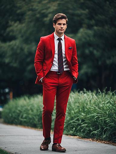 Young Man in Stylish Red Formal Pantsuit with Necktie Outdoors