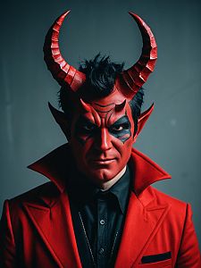 Man in Red Devil Costume with Makeup