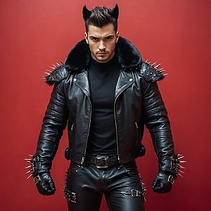 Man in Black Leather Outfit Against Red Background