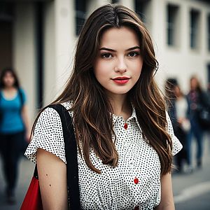 Young woman in polka dot dress outdoors