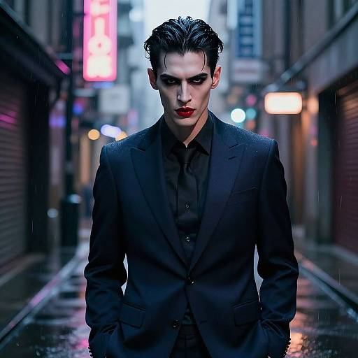 Edgy Man in Black Suit with Dramatic Makeup in Neon-Lit Alley
