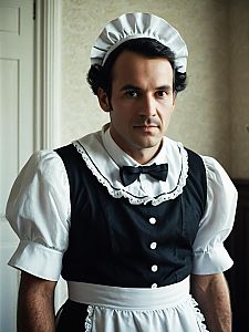 Man in French Maid Outfit Costume Cinematic Realism Humorous Portrait