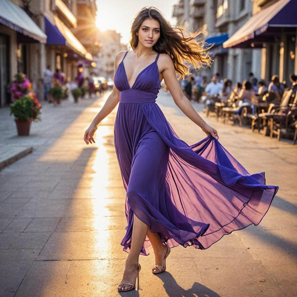 Woman in Purple Dress Walking on Sunlit Street