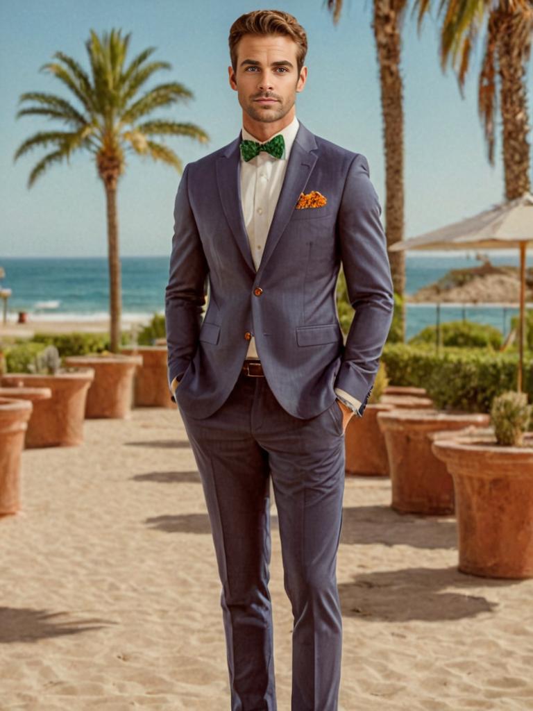 Man in Stylish Cocktail Attire on California Beach