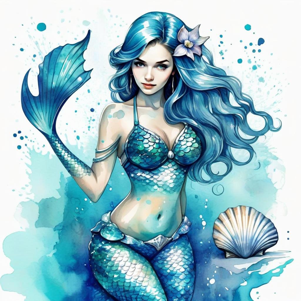 Beautiful Blue Mermaid Digital Illustration with Watercolor Effect