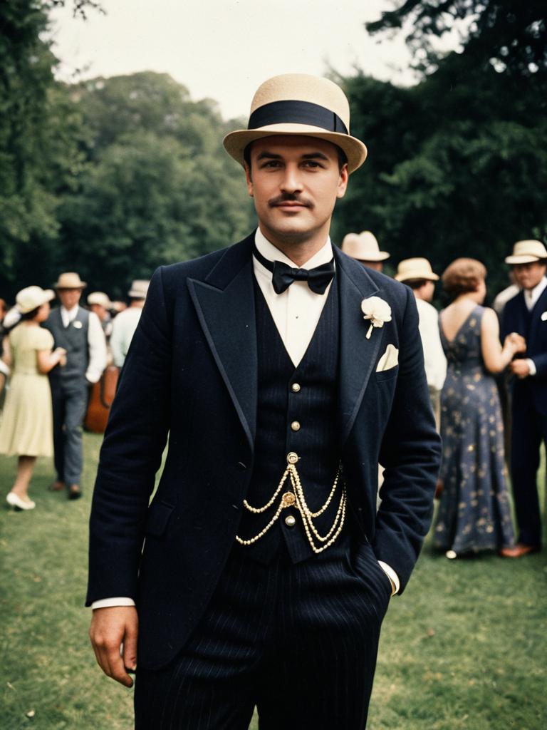Man in Gatsby Party Costume Photorealistic Outdoor Vintage Portrait
