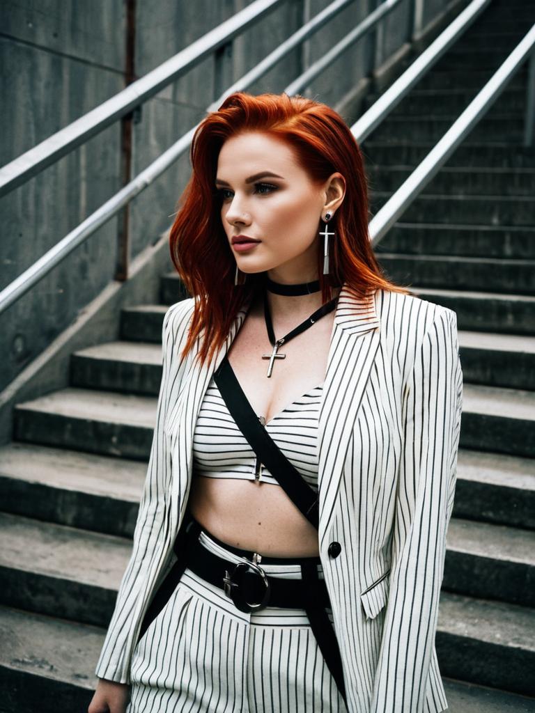 Hyper Detailed Portrait of Confident Red Haired Woman in White Pinstripe Suit