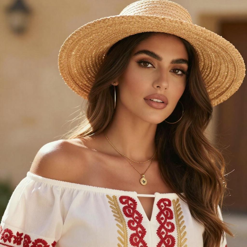Stylish Woman in Straw Hat and Embroidered Off-Shoulder Top