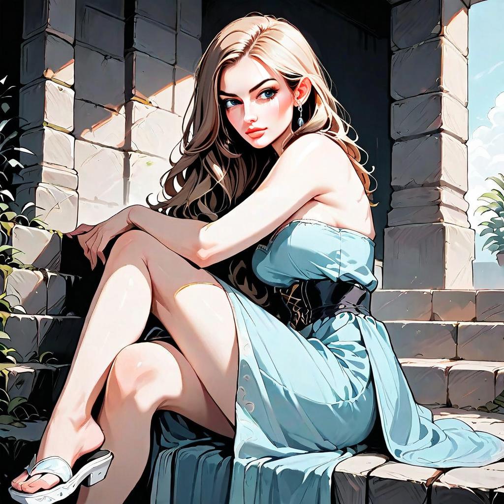 Stylish Woman in Light Blue Dress Sitting on Stone Steps Digital Art