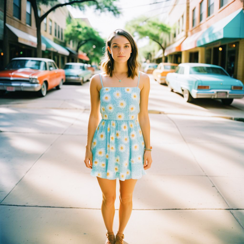 Young Woman in Vintage Cars on a Sunny Street