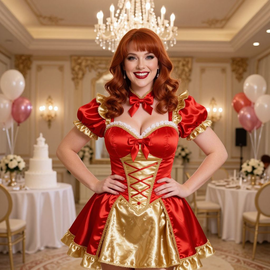 Red-Haired Woman in Elegant Red and Gold Theatrical Costume at Luxurious Banquet