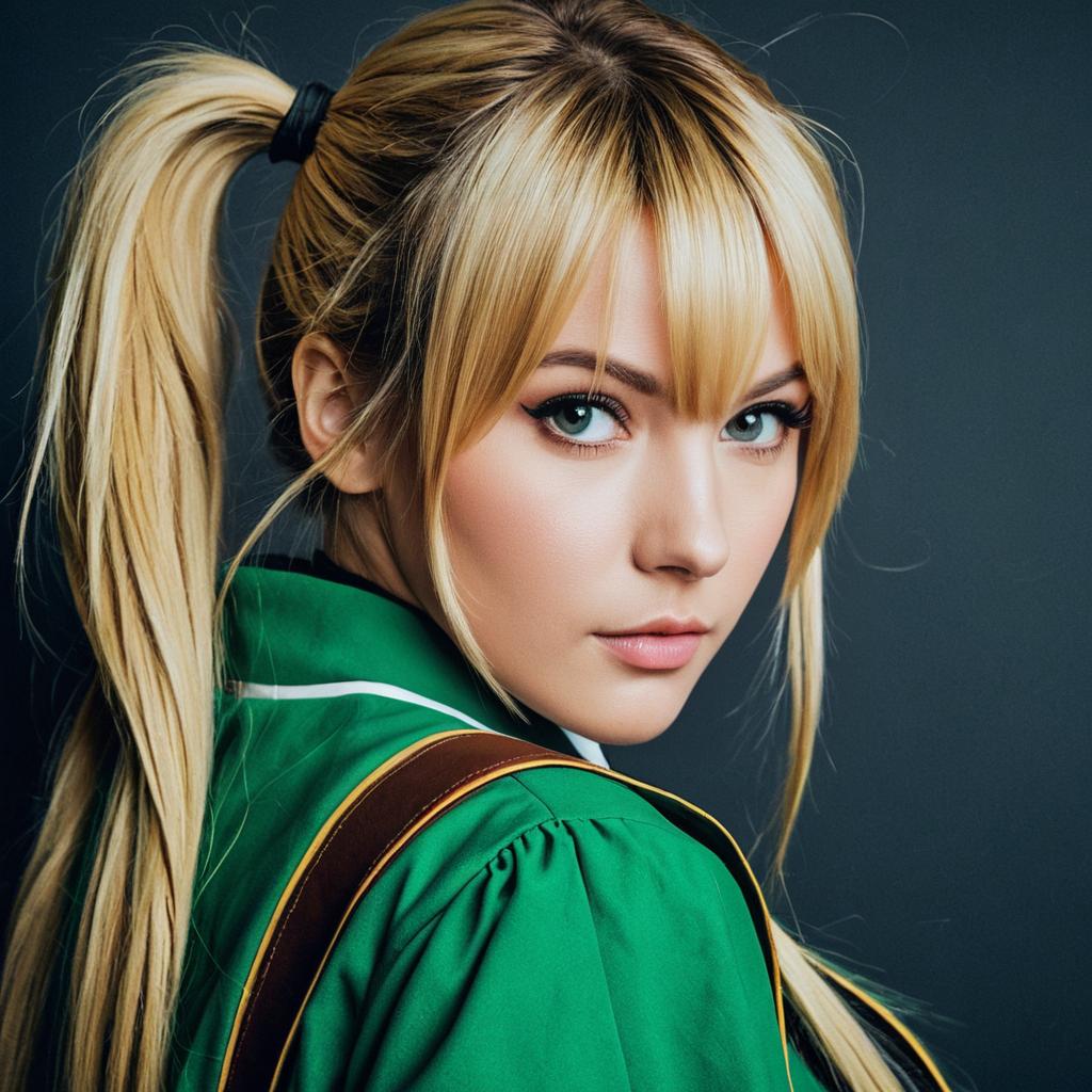 Blonde Woman in Green Outfit with High Ponytail and Winged Eyeliner