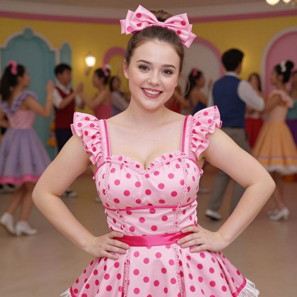 Young Woman in Pink Polka Dot Dress Dancing Vintage Style