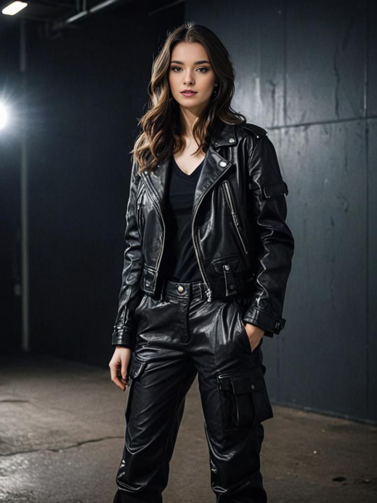 Confident Woman in Black Leather Ensemble