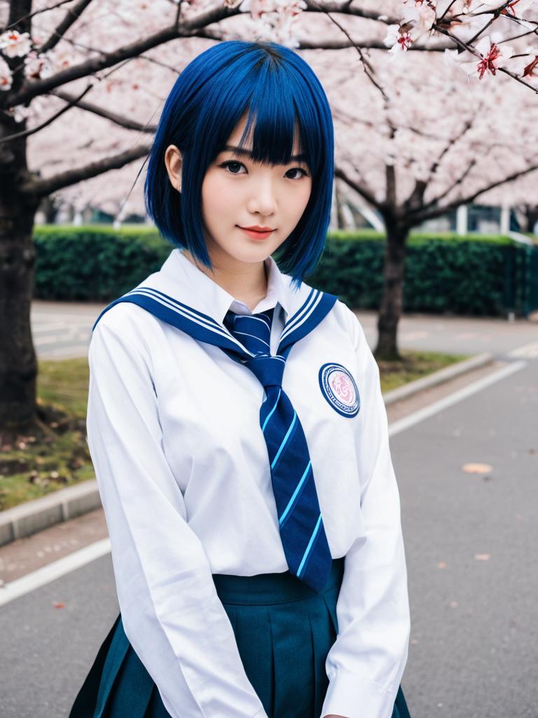 Adachi Sakura Portrait in Japanese School Uniform with Blue Hair Under Cherry Blossoms