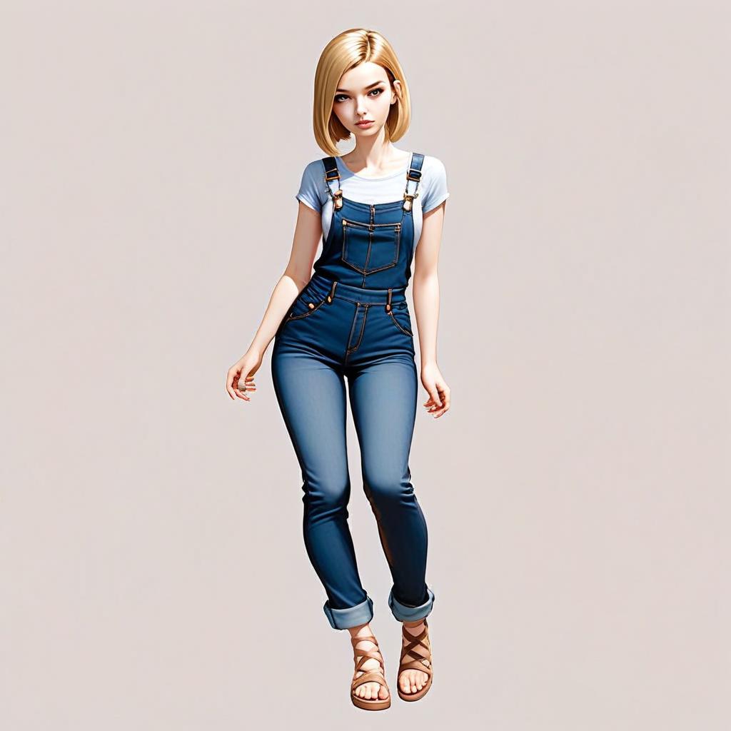 Stylized illustration of a young woman in denim overalls