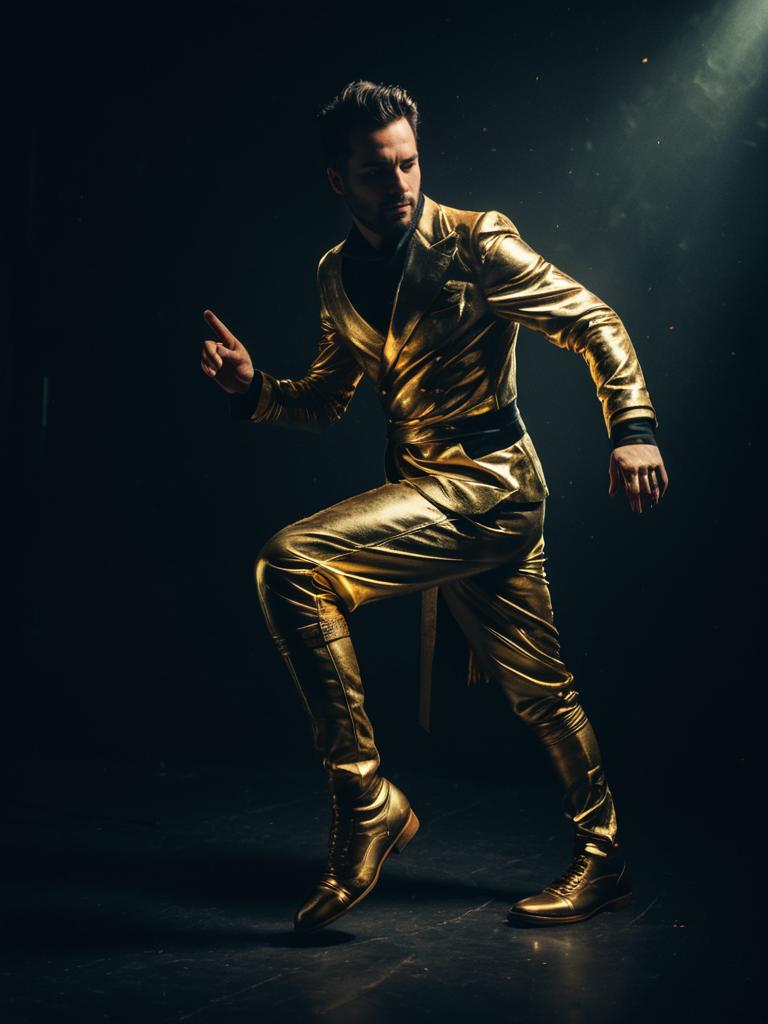 Man in Shiny Gold One-Legged Costume Photorealistic Studio Portrait