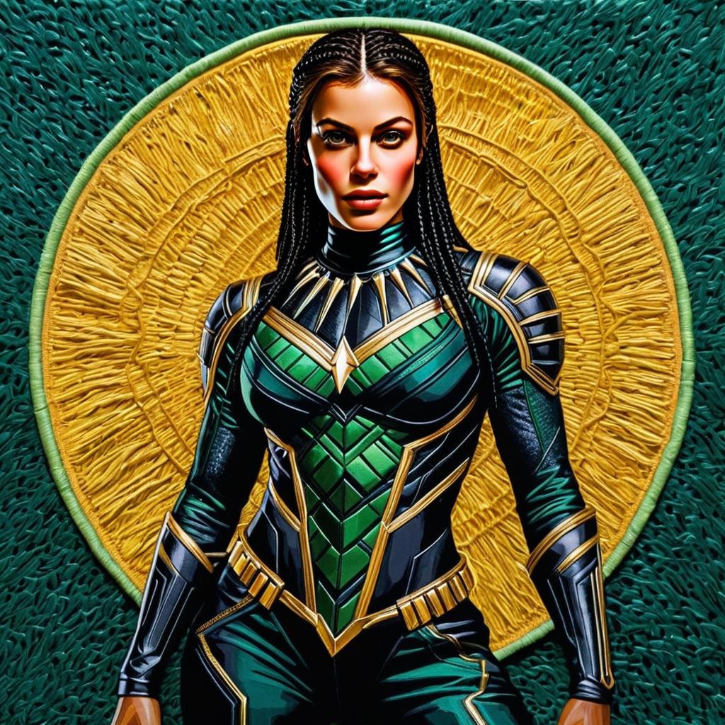 Digital Art of Woman in Futuristic Armor with Green and Gold Design