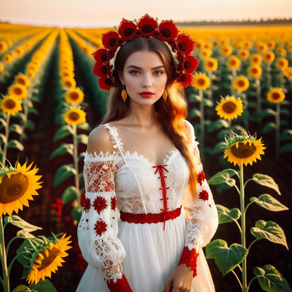 Elegant Woman in Sunflower Field at Sunset