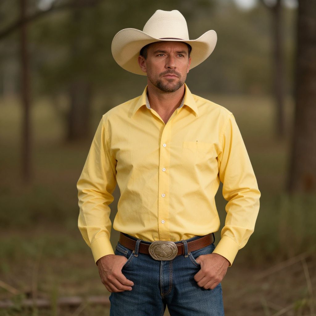 Man in Cowboy Hat and Yellow Shirt Outdoors in Western Style