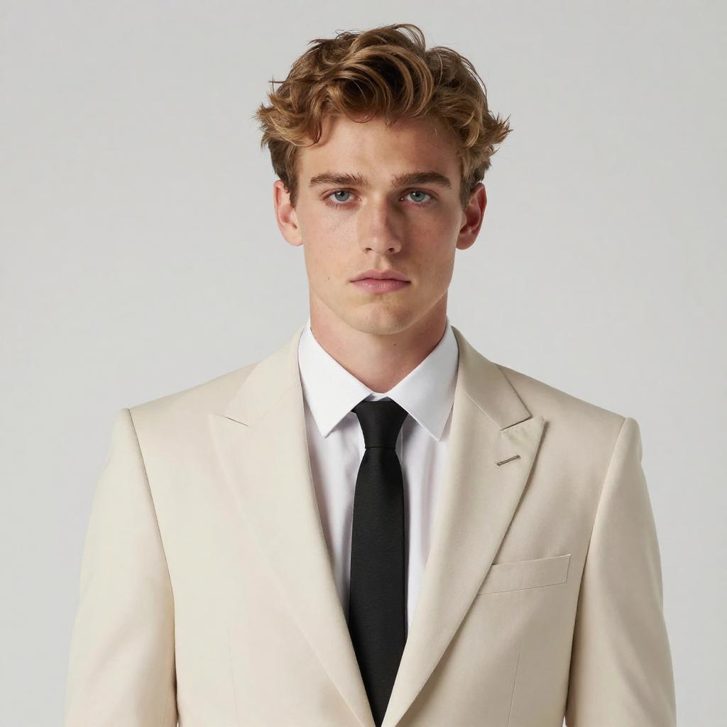 Young Man in Cream Suit with Black Tie Formal Portrait