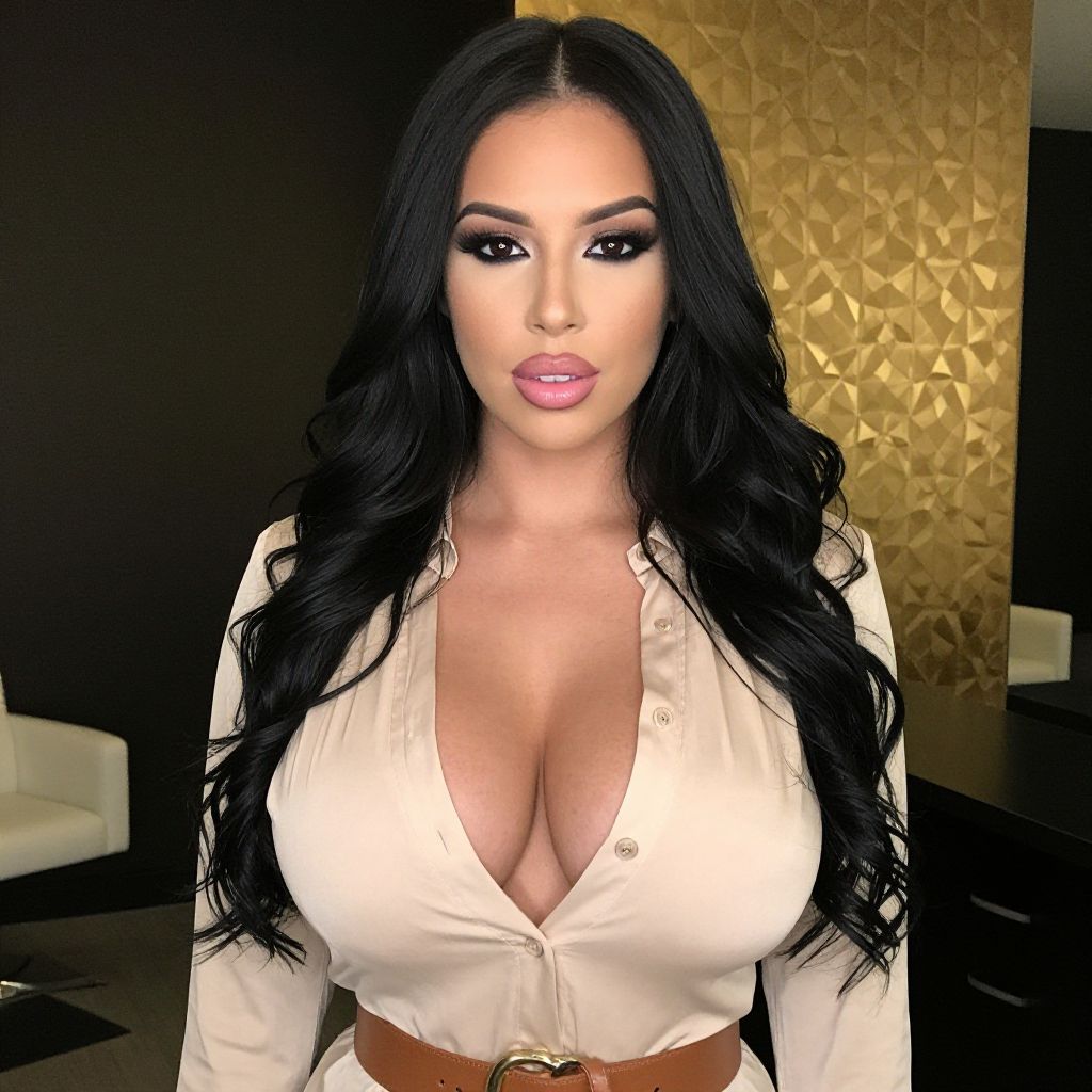 Confident Woman with Long Black Hair in Beige Blouse with Belt