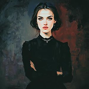 Digital Portrait of a Woman in Gothic Black Dress with Painterly Background