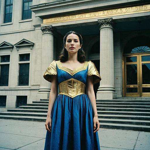 Woman in Gold and Blue Goddess Outfit Standing by Neoclassical Building