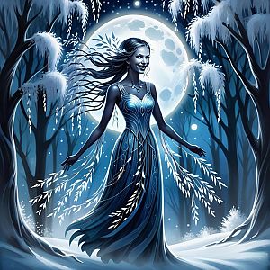 Mystical Woman in Winter Forest with Full Moon