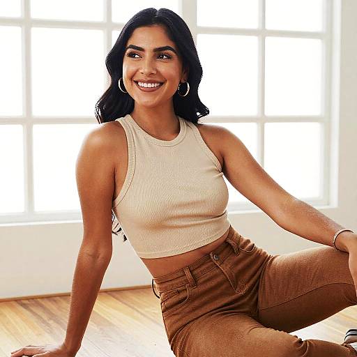 Smiling Woman in Beige Crop Top and Brown Pants Sitting on Wooden Floor