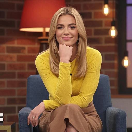 Smiling Woman in Yellow Sitting on Blue Chair in Cozy Modern Interior