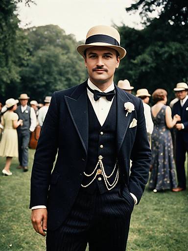 Man in Gatsby Party Costume Photorealistic Outdoor Vintage Portrait