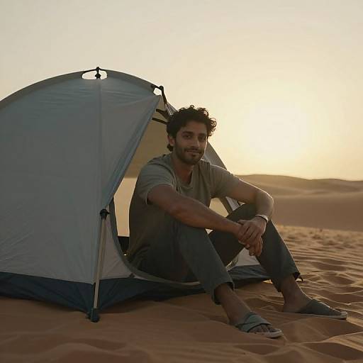 Man Relaxing at Tent in Desert Sunset