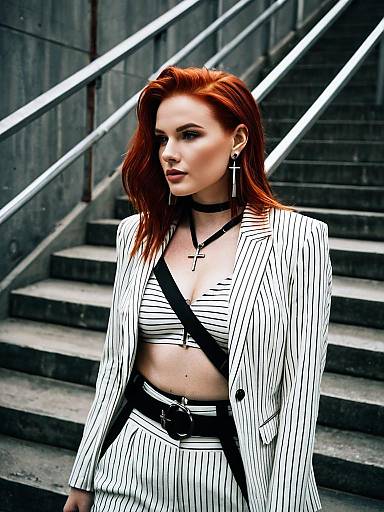 Hyper Detailed Portrait of Confident Red Haired Woman in White Pinstripe Suit
