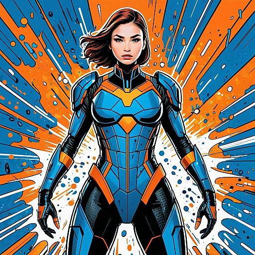 Futuristic Woman in Blue and Orange Armored Suit Illustration