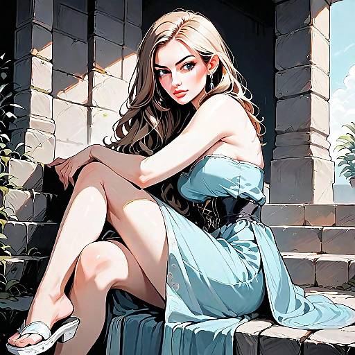 Stylish Woman in Light Blue Dress Sitting on Stone Steps Digital Art