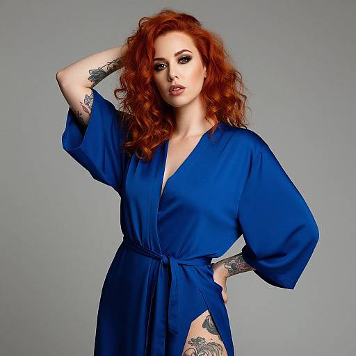 Red-Haired Woman in Vibrant Blue Robe with Tattoos Fashion Portrait