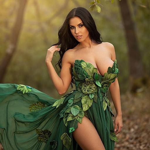 Woman in Green Leaf Motif Dress Outdoors