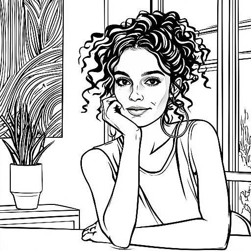 Black and White Line Art of Woman with Curly Hair in Modern Interior