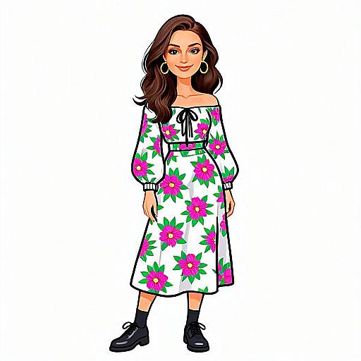 Woman in Boho Chic Floral Dress Illustration