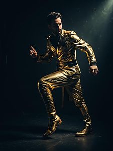 Man in Shiny Gold One-Legged Costume Photorealistic Studio Portrait