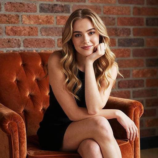Young Woman in Black Dress Sitting on Vintage Velvet Armchair with Brick Wall Background