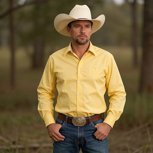 Man in Cowboy Hat and Yellow Shirt Outdoors in Western Style