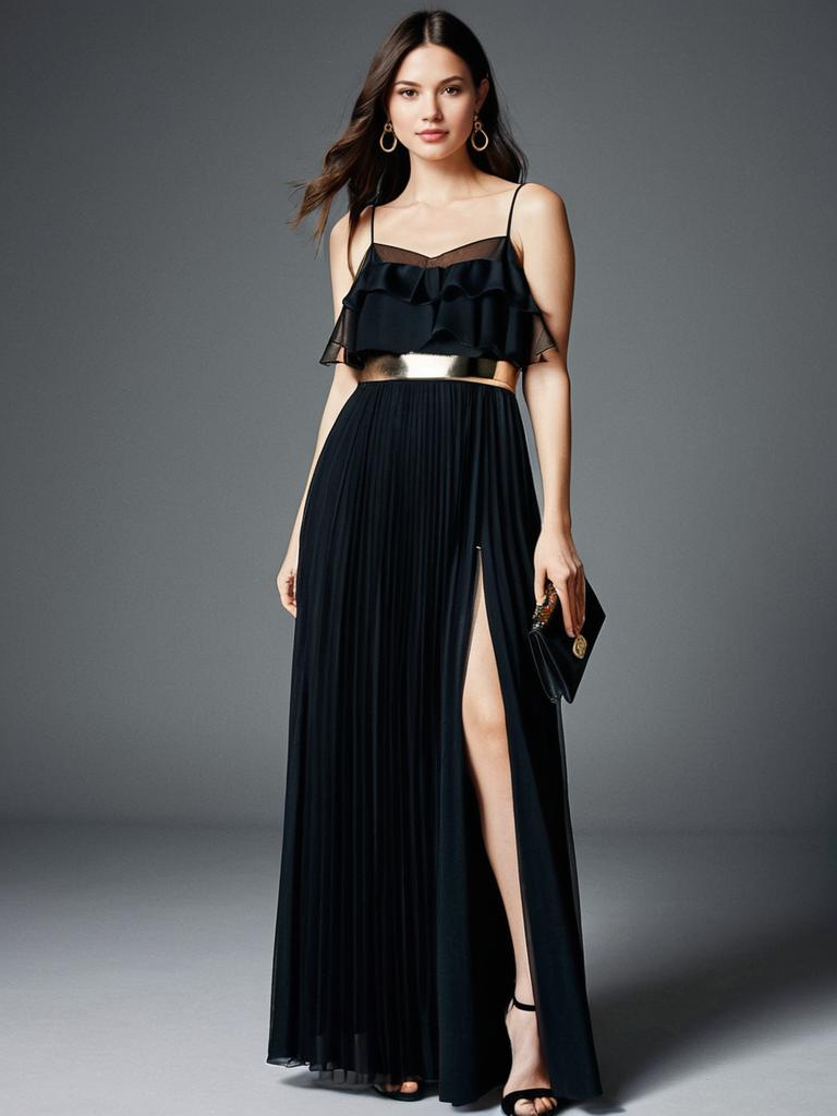 Woman Wearing Sleeveless Sheer Black Ruffle Maxi Dress with Metallic Belt and Thigh Slit
