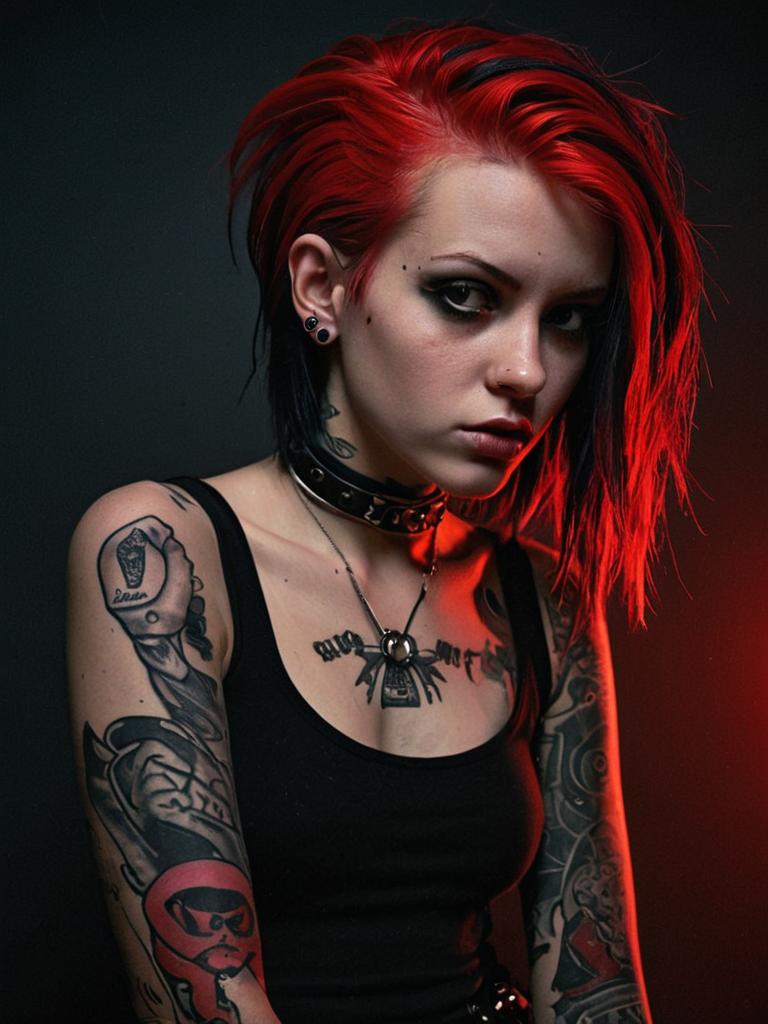 Punk Woman with Red and Black Hair and Tattoos in Dark Moody Portrait