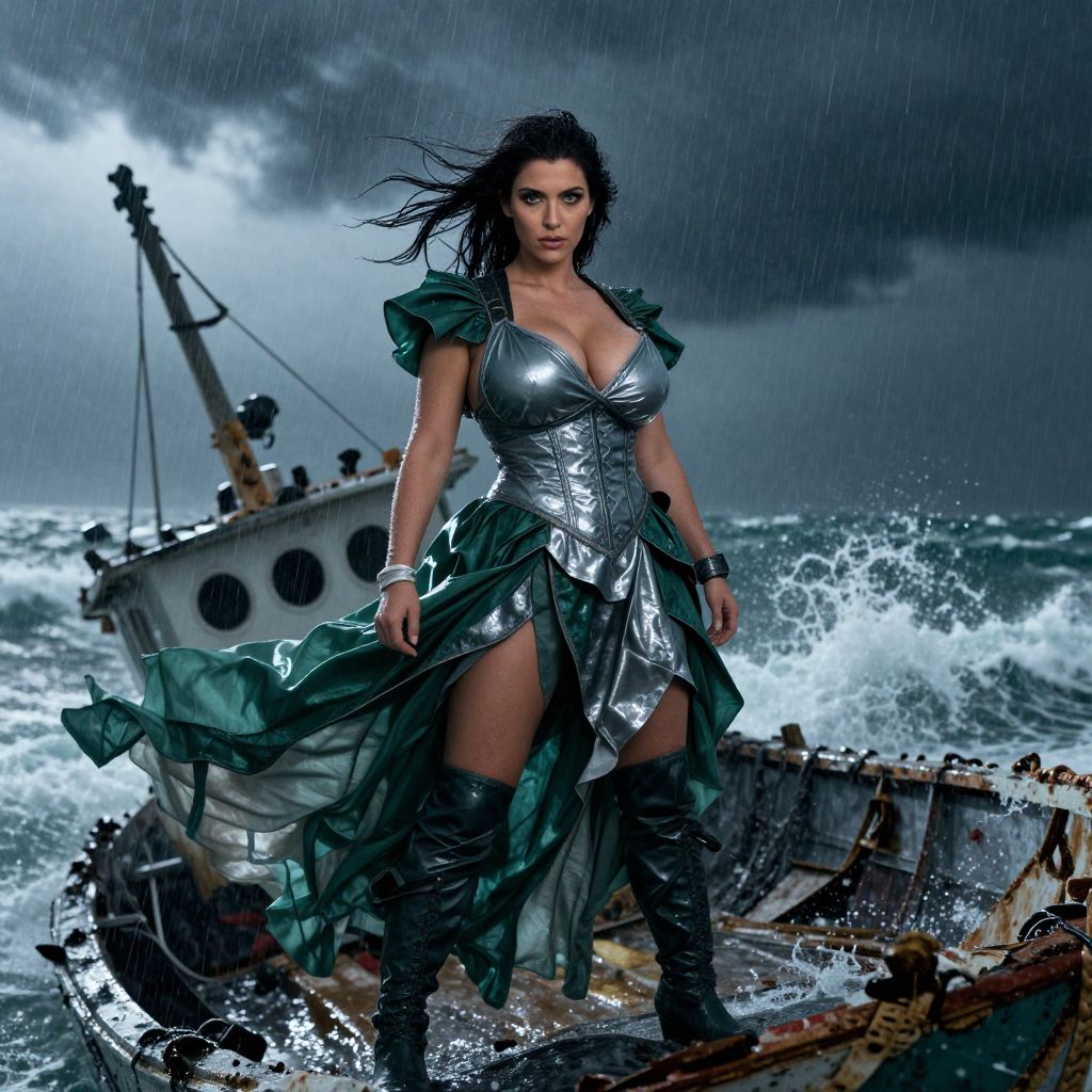 Woman in Metallic Fantasy Dress Standing on Stormy Shipwreck