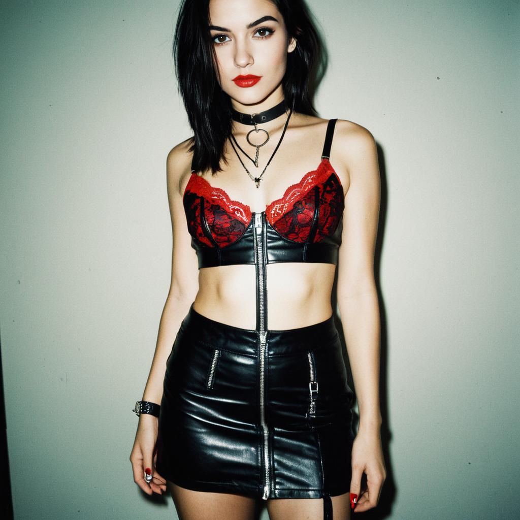 Edgy Woman in Black Leather Mini Skirt and Red Lace Bralette