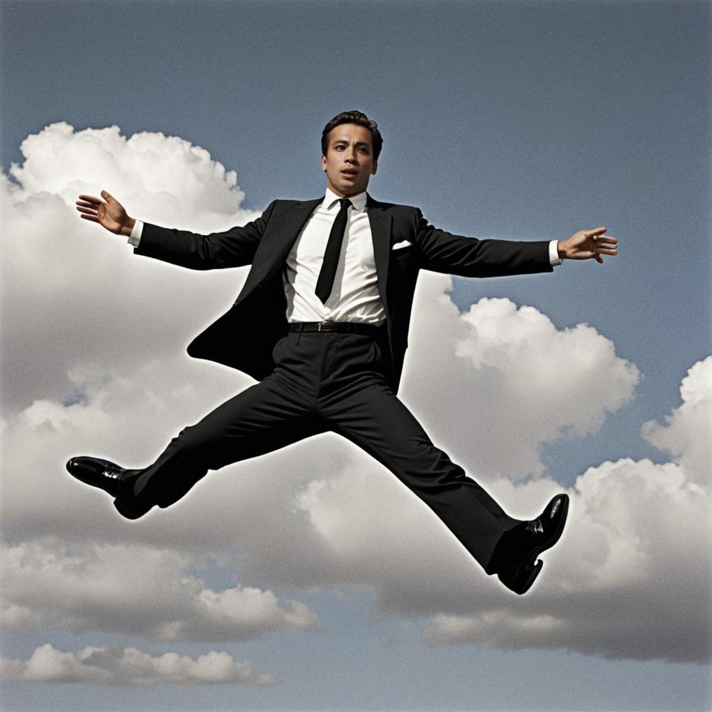 Man in Black Suit Leaping Against Clouds