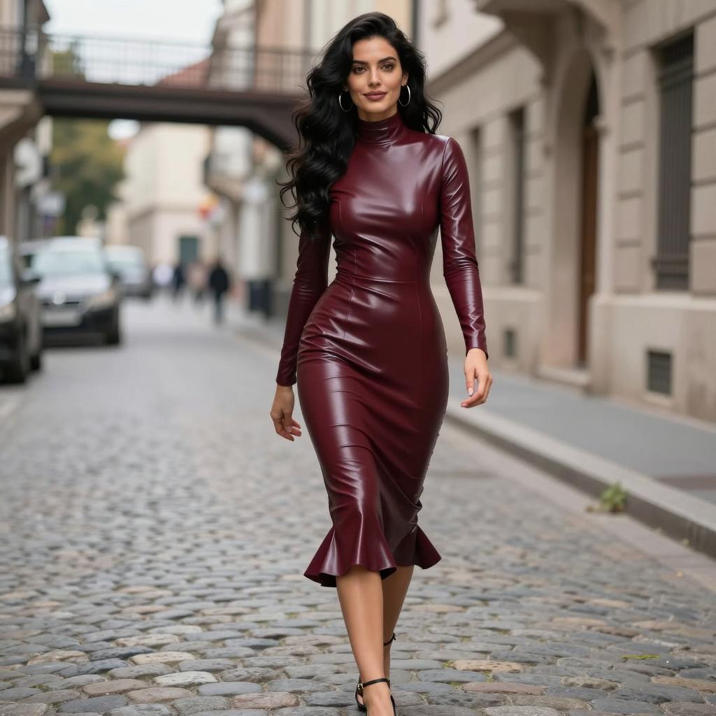 Woman in Burgundy Latex Dress Walking on Cobblestone Street Fashion Style