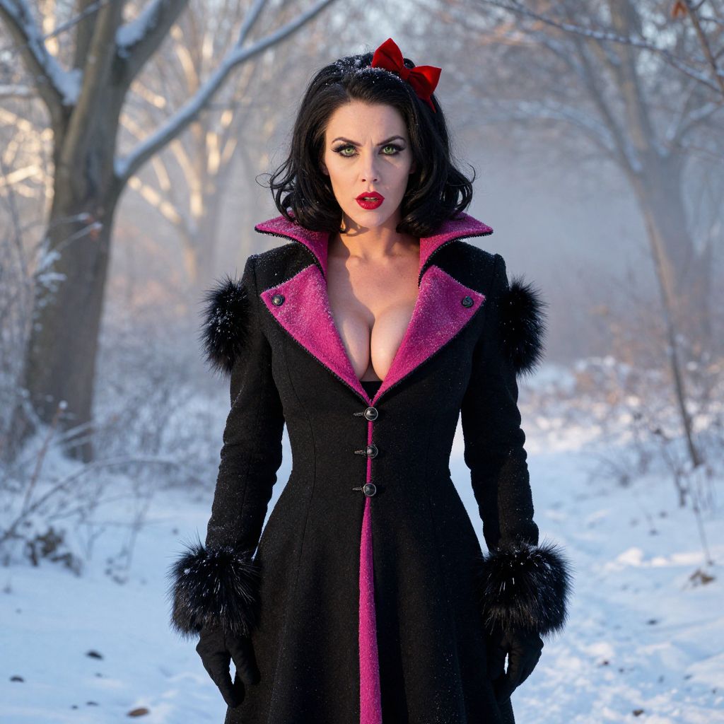 Woman in Vintage Style Black and Magenta Coat in Snowy Forest